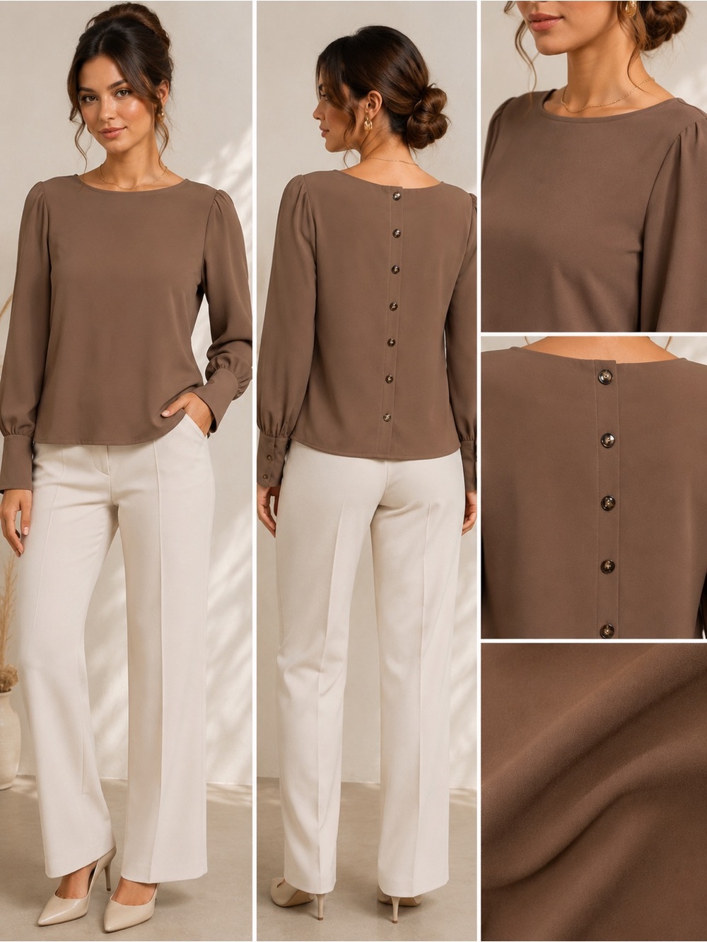 Miss Sparkling Brown Puff Sleeve Back Button Blouse Size L NWOT